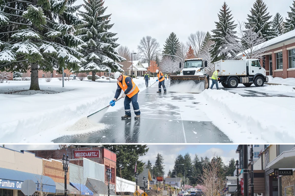 Warehouse Sidewalk Clearing in Bothell, King County, WA - Warehouse sidewalk needs peak from late November through February, when boot-packed snow on shaded dock walks refreezes overnight.