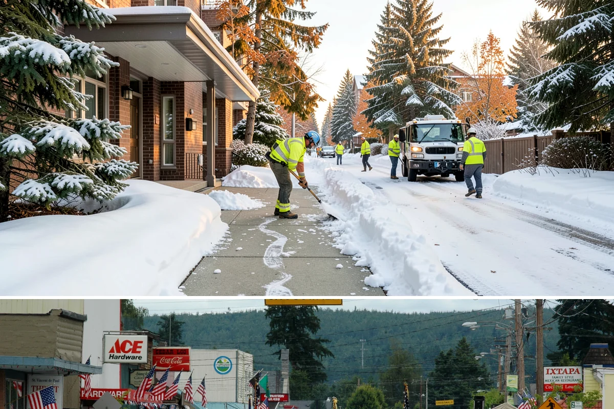 Warehouse Sidewalk Clearing in Carnation, King County, WA - Warehouse sidewalk needs peak from late November through February, when boot-packed snow on shaded dock walks refreezes overnight.