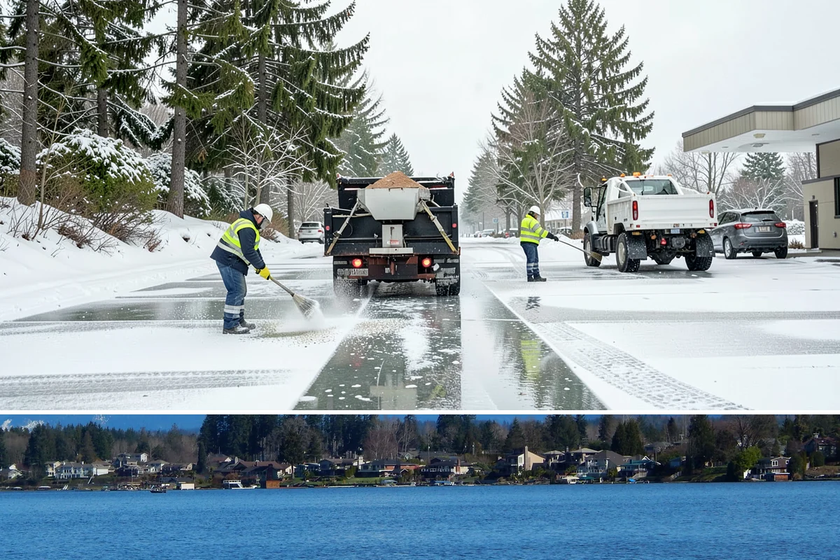 Warehouse Sidewalk Clearing in Lake Stevens, Snohomish County, WA - Warehouse sidewalk needs peak from late November through February, when boot-packed snow on shaded dock walks refreezes overnight.