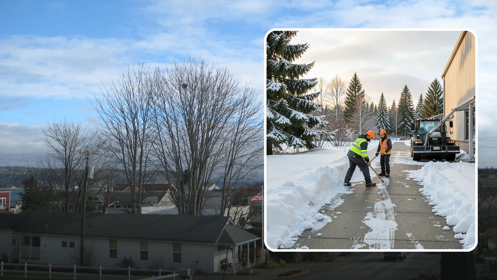 Warehouse Sidewalk Clearing in Langley, Island County, WA - Employee-walkway clearing for Western Washington warehouses, keeping pedestrian routes to entrances and dock offices separate...