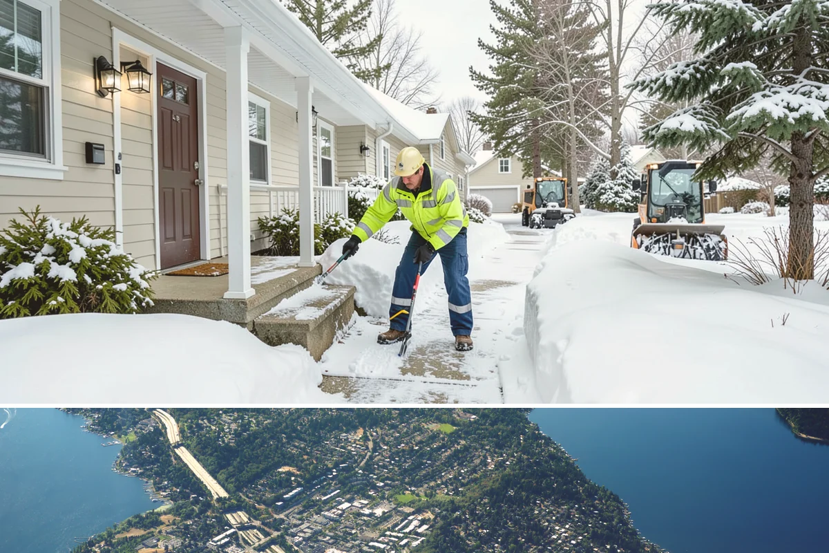 Warehouse Sidewalk Clearing in Mercer Island, King County, WA - Warehouse sidewalk needs peak from late November through February, when boot-packed snow on shaded dock walks refreezes overnight.
