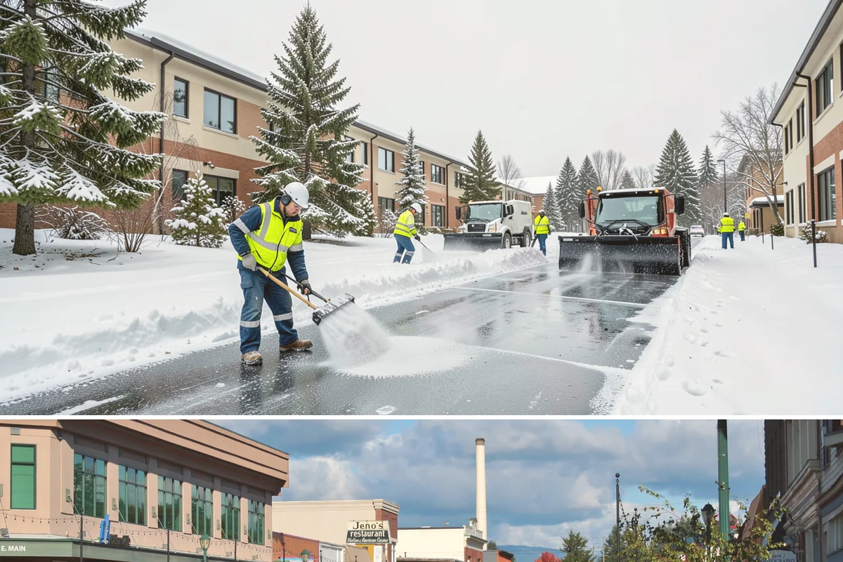Warehouse Sidewalk Clearing in Monroe, Snohomish County, WA - Warehouse sidewalk needs peak from late November through February, when boot-packed snow on shaded dock walks refreezes overnight.