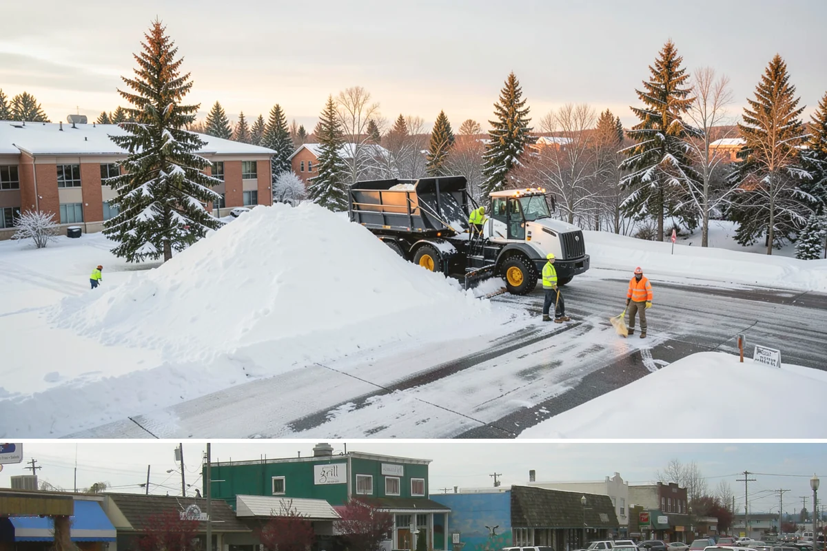 Warehouse Sidewalk Clearing in Stanwood, Snohomish County, WA - Warehouse sidewalk needs peak from late November through February, when boot-packed snow on shaded dock walks refreezes overnight.