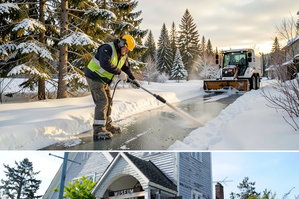 Warehouse Sidewalk Clearing in Steilacoom, Pierce County, WA - Warehouse sidewalk needs peak from late November through February, when boot-packed snow on shaded dock walks refreezes overnight.