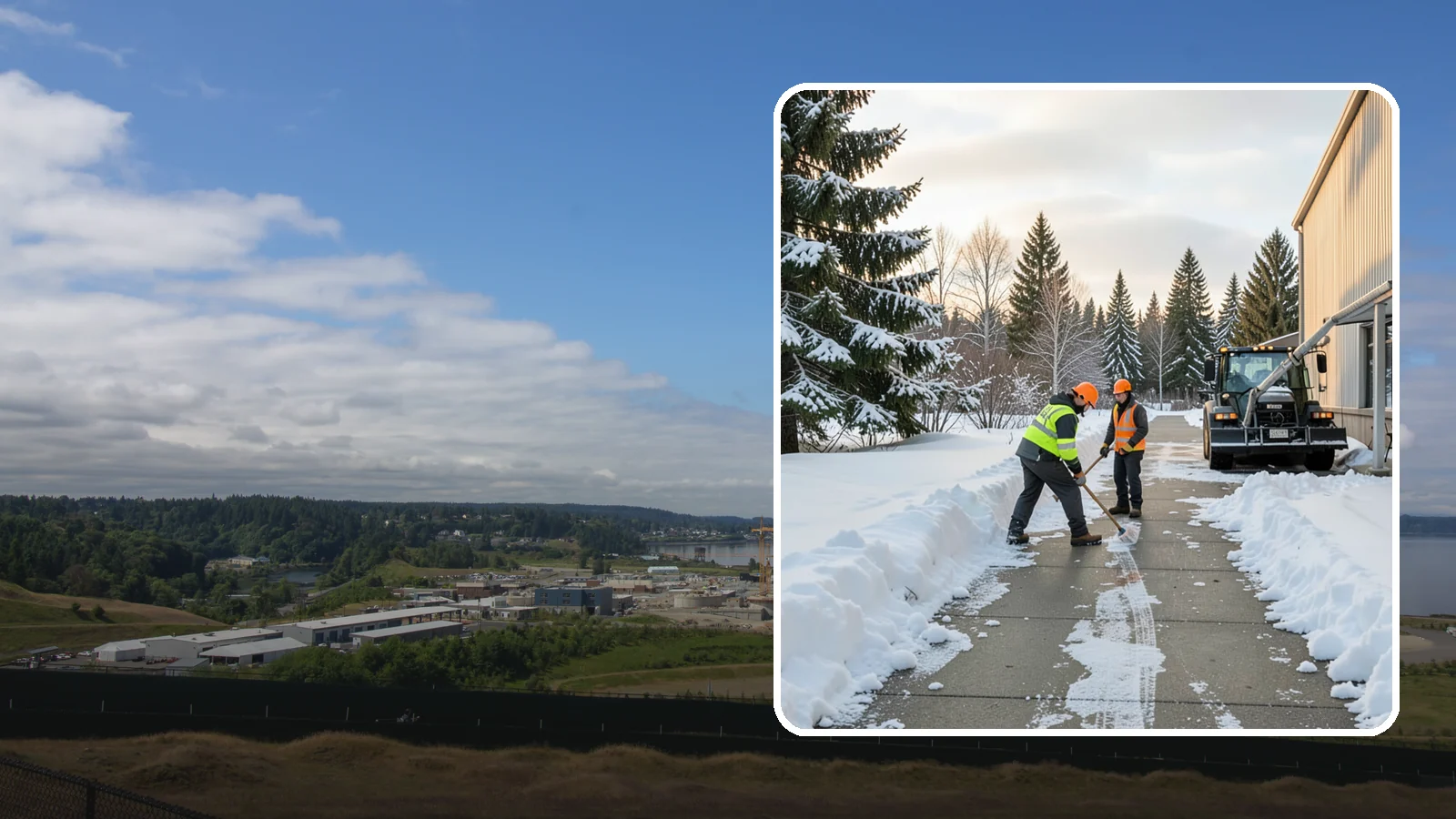 Warehouse Sidewalk Clearing in University Place, Pierce County, WA - Employee-walkway clearing for Western Washington warehouses, keeping pedestrian routes to entrances and dock offices separate...