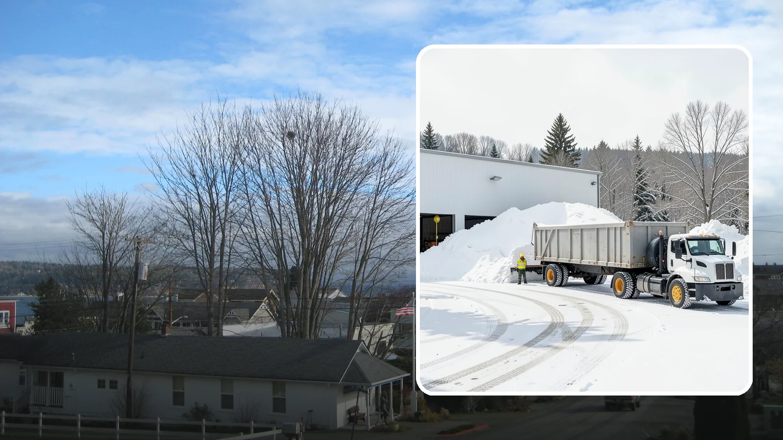 Warehouse Snow Hauling in Langley, Island County, WA - We haul snow from warehouse yards, dock approaches, and truck lanes so freight keeps moving through winter.