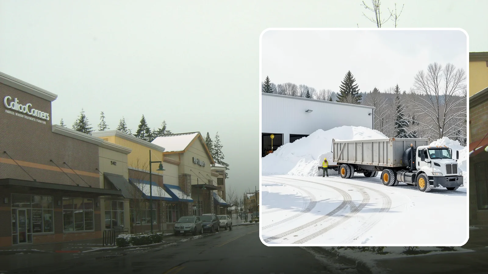 Warehouse Snow Hauling in Mill Creek, Snohomish County, WA - We haul snow from warehouse yards, dock approaches, and truck lanes so freight keeps moving through winter.