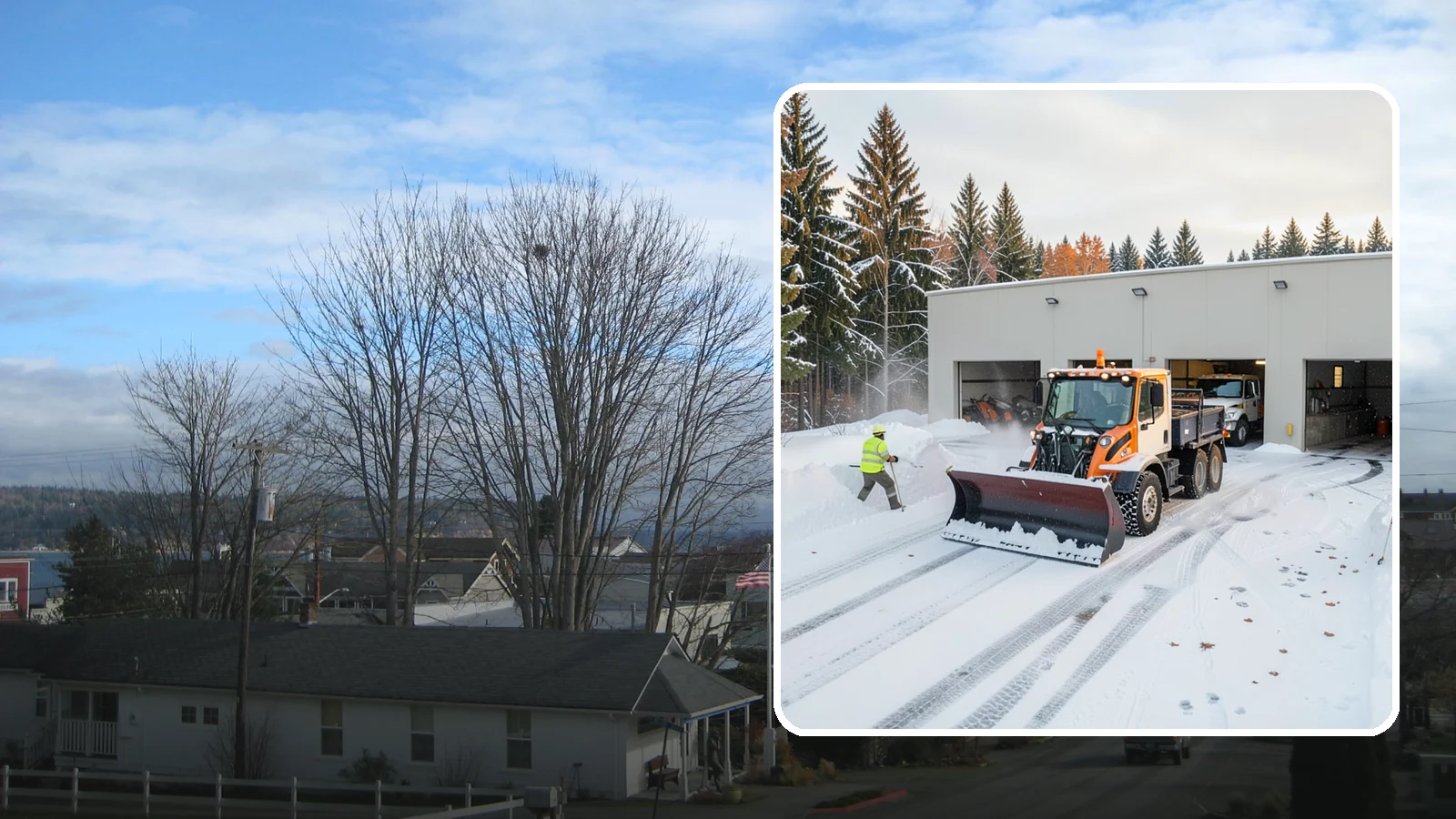 Warehouse Snow Plowing in Langley, Island County, WA - We plow warehouse lots, loading docks, and trailer yards so trucks dock and depart without weather delays.