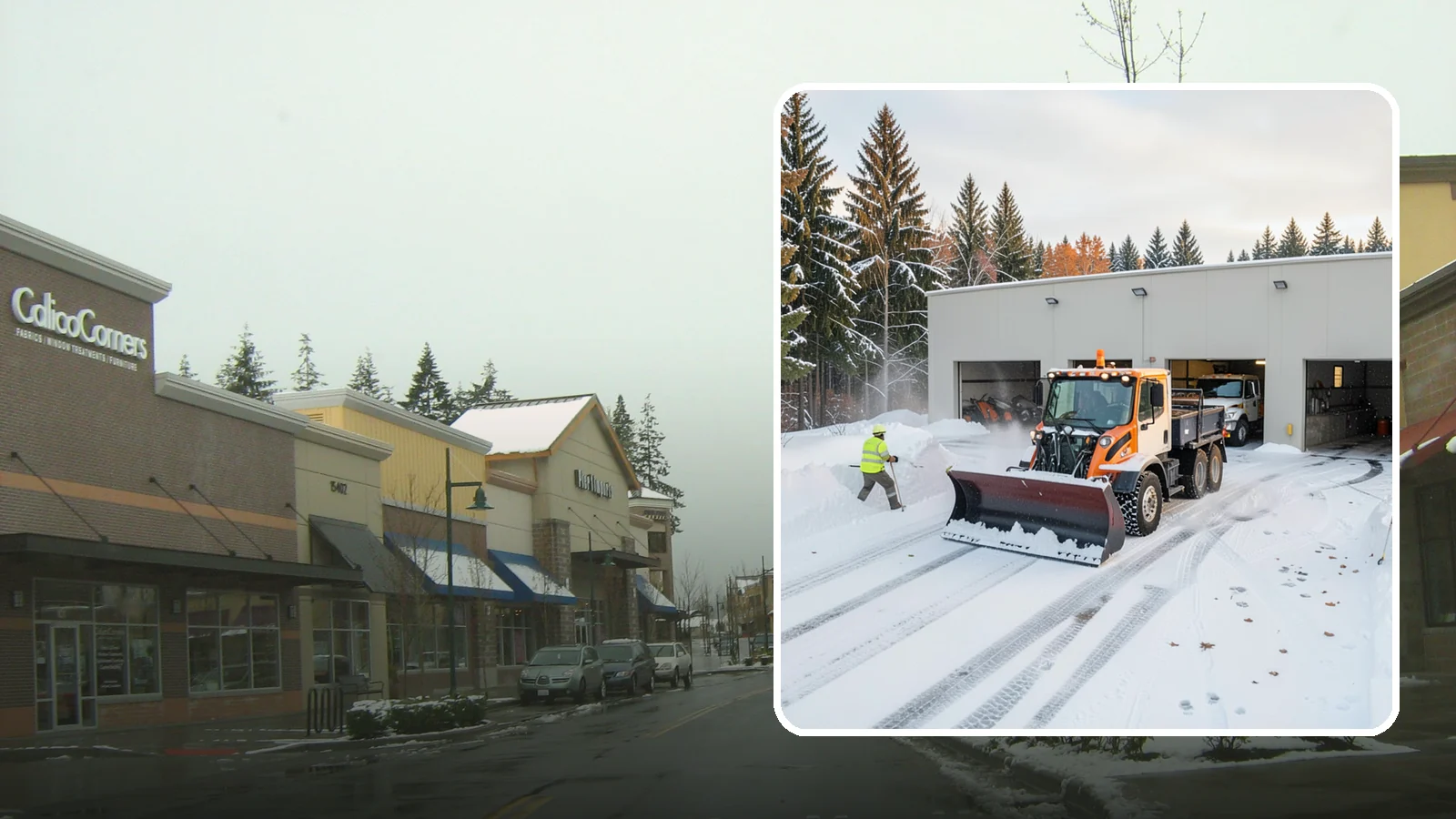 Warehouse Snow Plowing in Mill Creek, Snohomish County, WA - We plow warehouse lots, loading docks, and trailer yards so trucks dock and depart without weather delays.