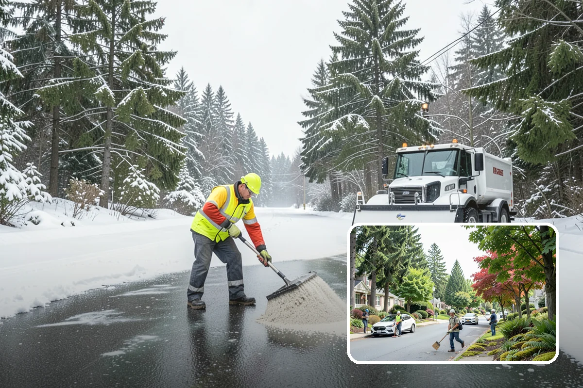 Winter Storm Cleanup in Beaux Arts Village, King County, WA - Removal of plow berms and hard-packed leftovers