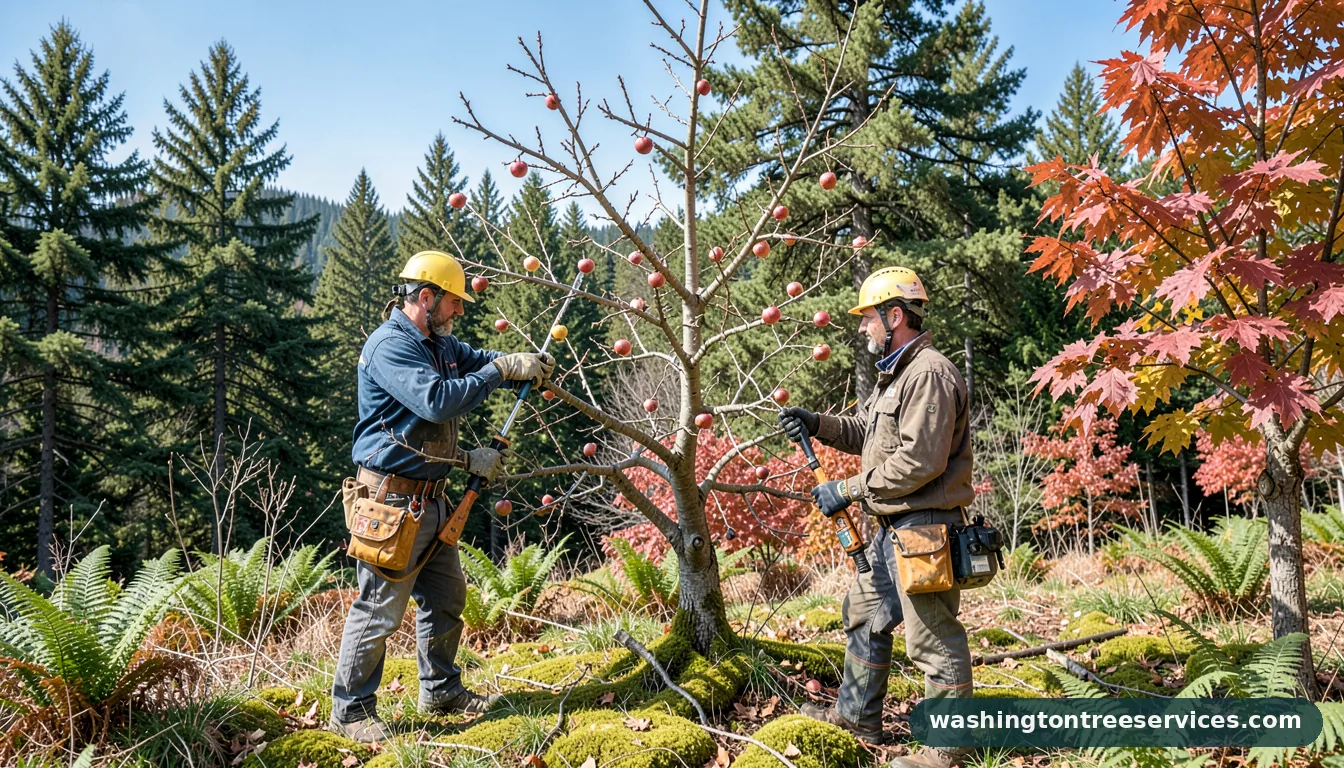 Certified arborists handling apple tree pruning winter in Washington apple tree pruning winter - certified arborists at work in Washington