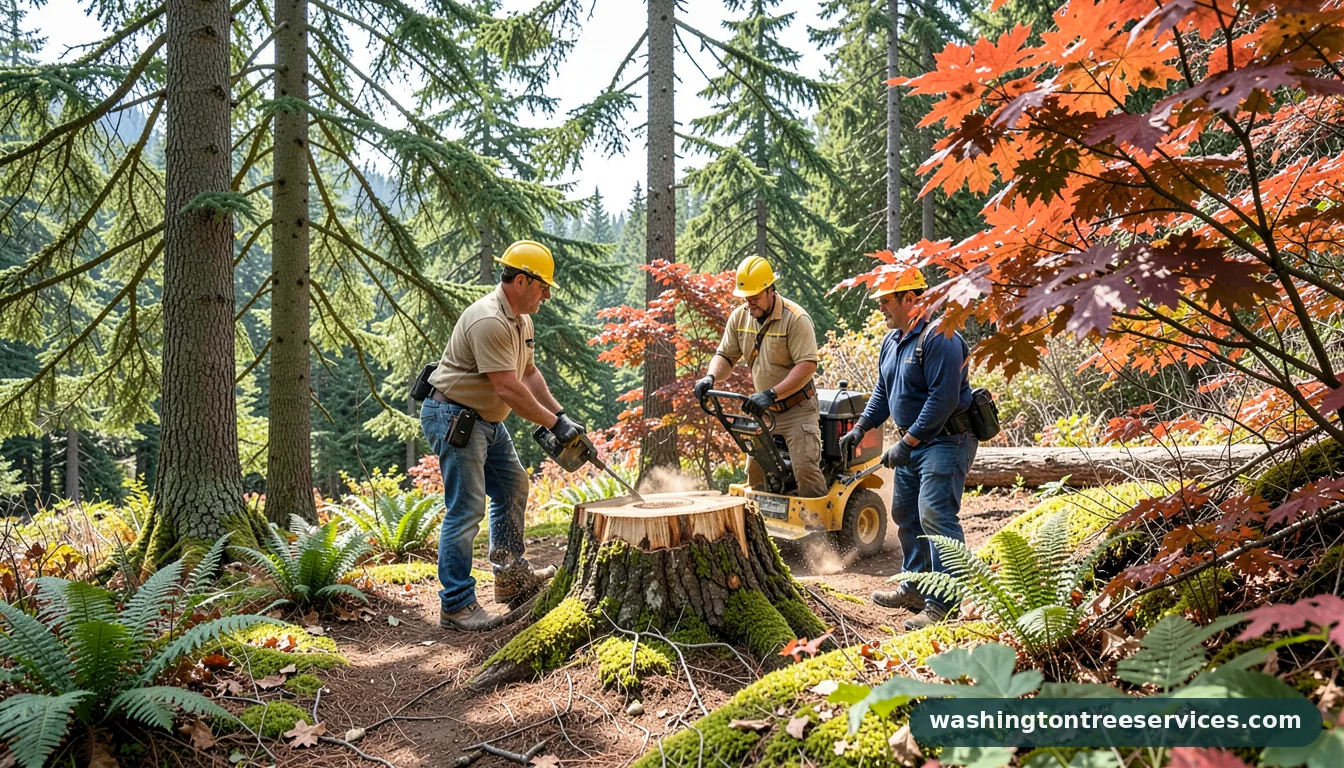 Certified arborists handling average stump grinding cost in Washington average stump grinding cost - certified arborists at work in Washington