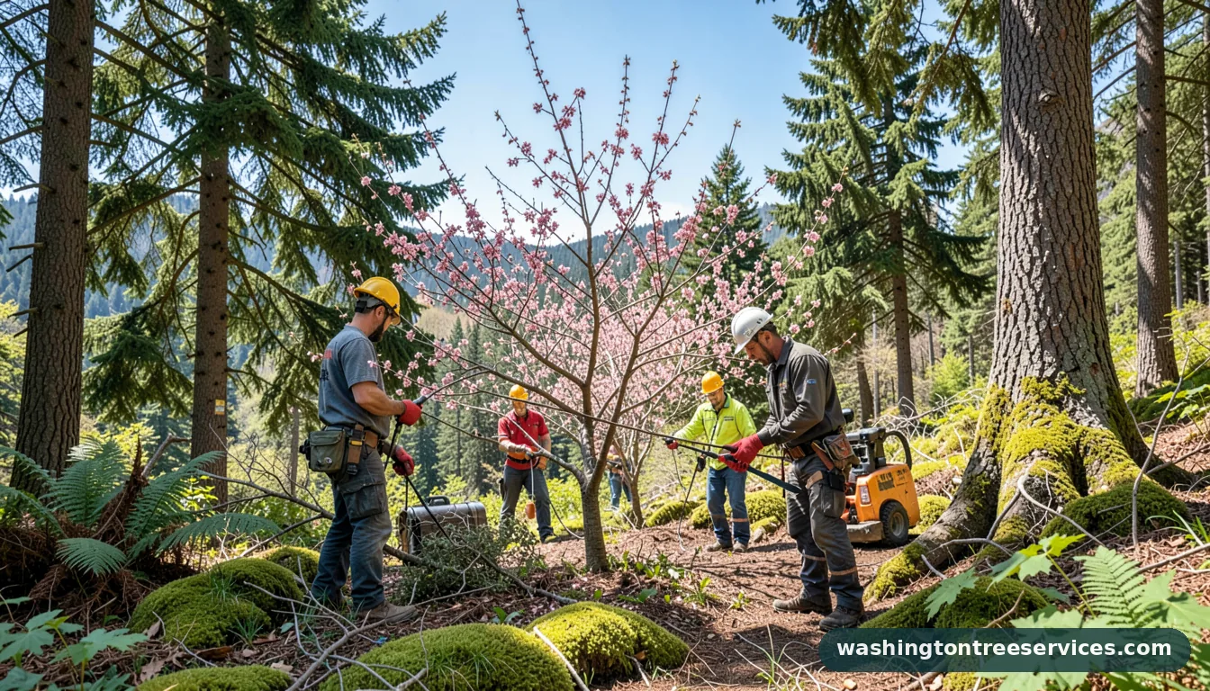 best time to prune flowering cherry trees - tree service equipment and crew in Washington