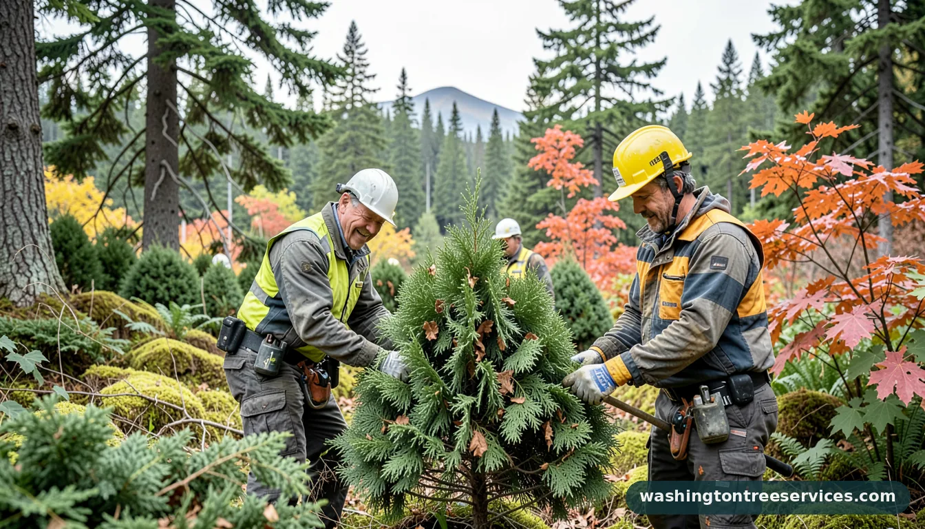 brown spots on arborvitae - tree service equipment and crew in Washington