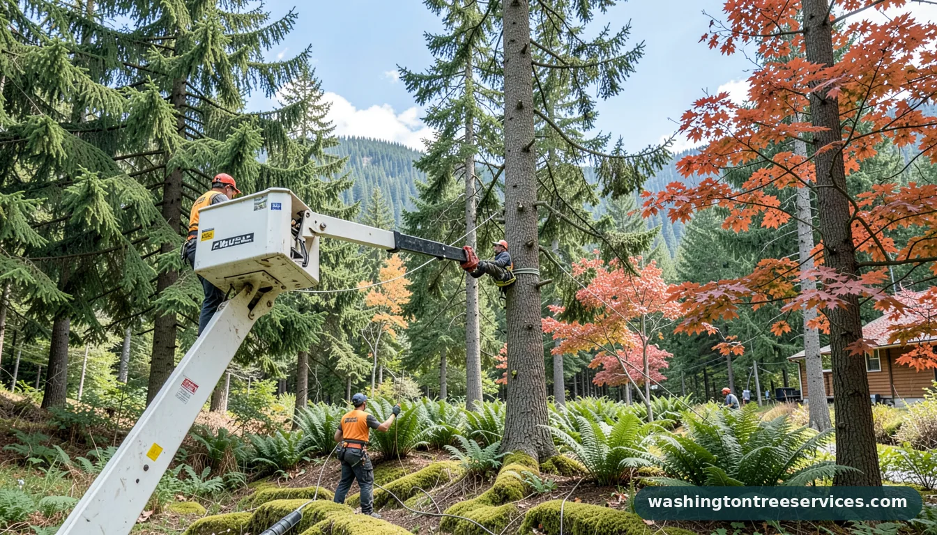 Completed bucket truck tree trimming project by Washington Tree Services bucket truck tree trimming - completed tree work by Washington Tree Services