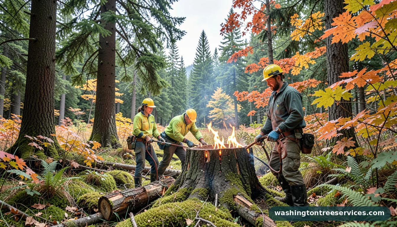 Certified arborists handling burning tree stump in Washington burning tree stump - certified arborists at work in Washington