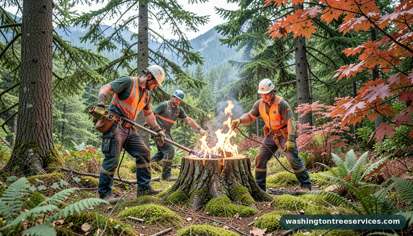 Completed burning tree stump project by Washington Tree Services burning tree stump - completed tree work by Washington Tree Services