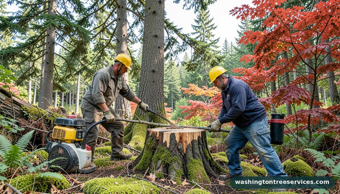 Certified arborists handling chemical stump killer in Washington chemical stump killer - certified arborists at work in Washington