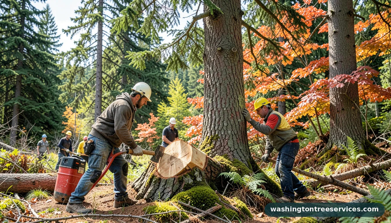 chop down tree with axe - tree service equipment and crew in Washington