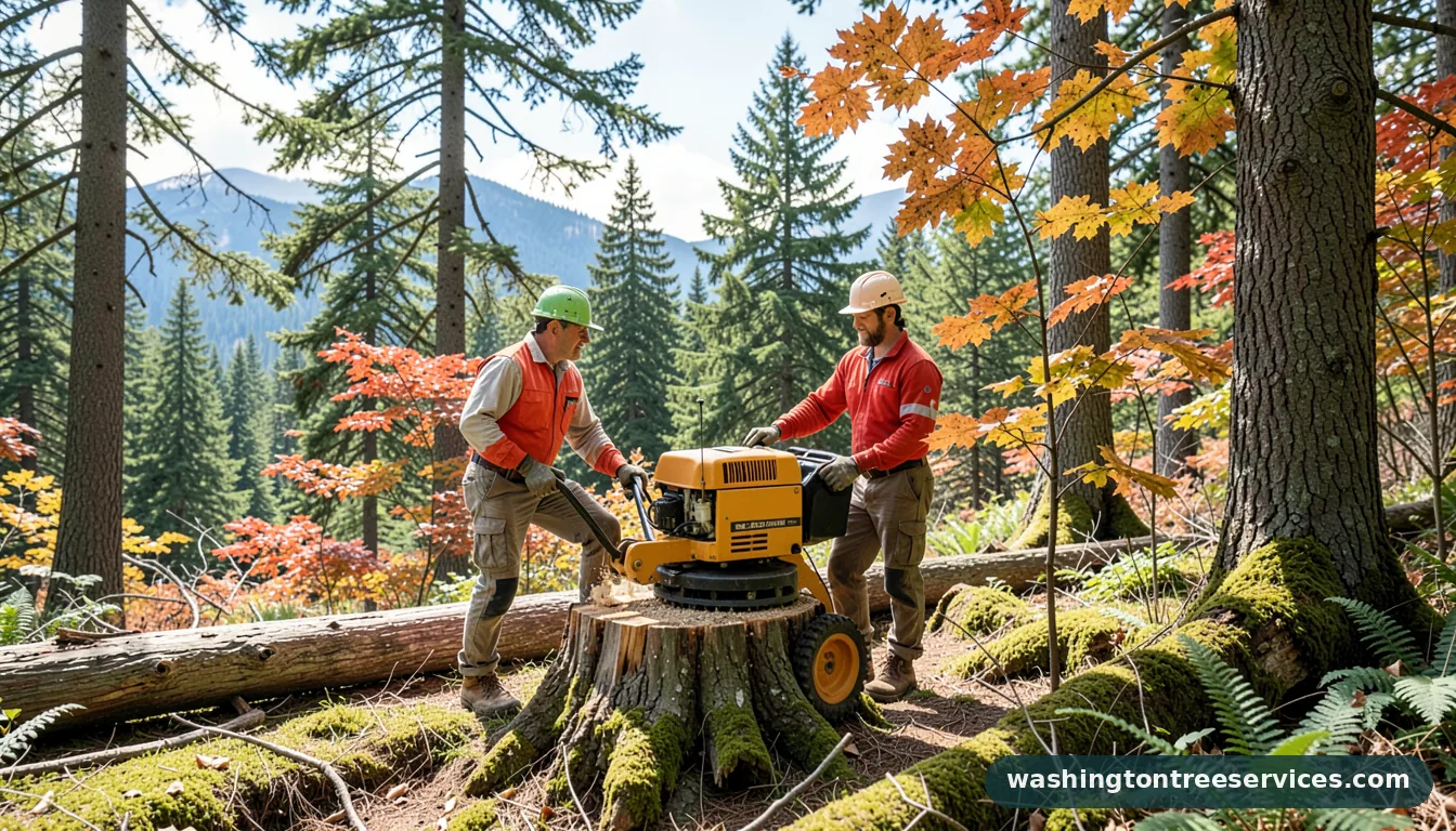 Certified arborists handling commercial stump grinder in Washington commercial stump grinder - certified arborists at work in Washington