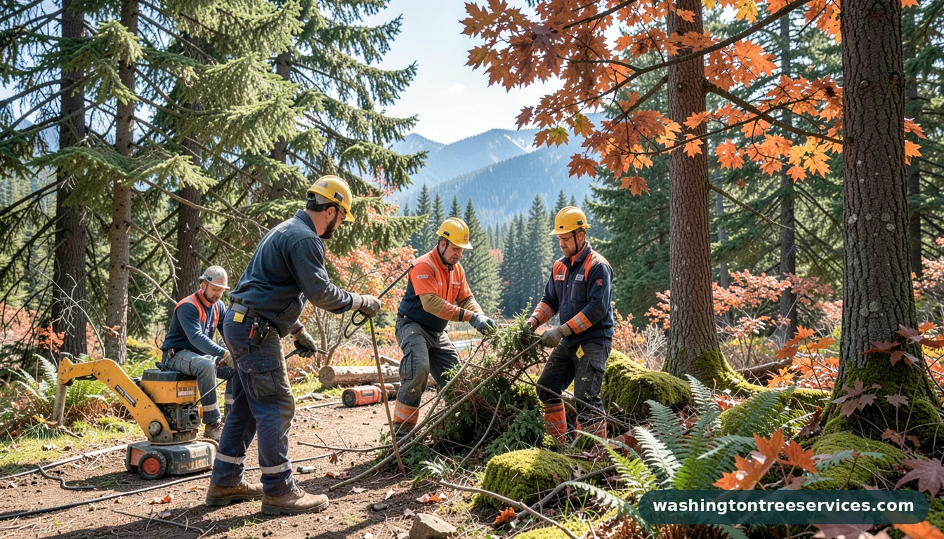 crown reduction pruning - tree service equipment and crew in Washington