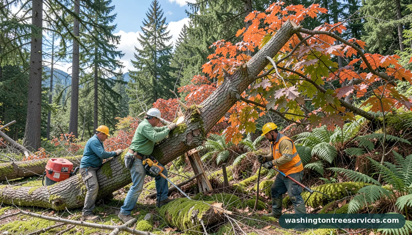 Certified arborists handling cut down leaning tree in Washington cut down leaning tree - certified arborists at work in Washington