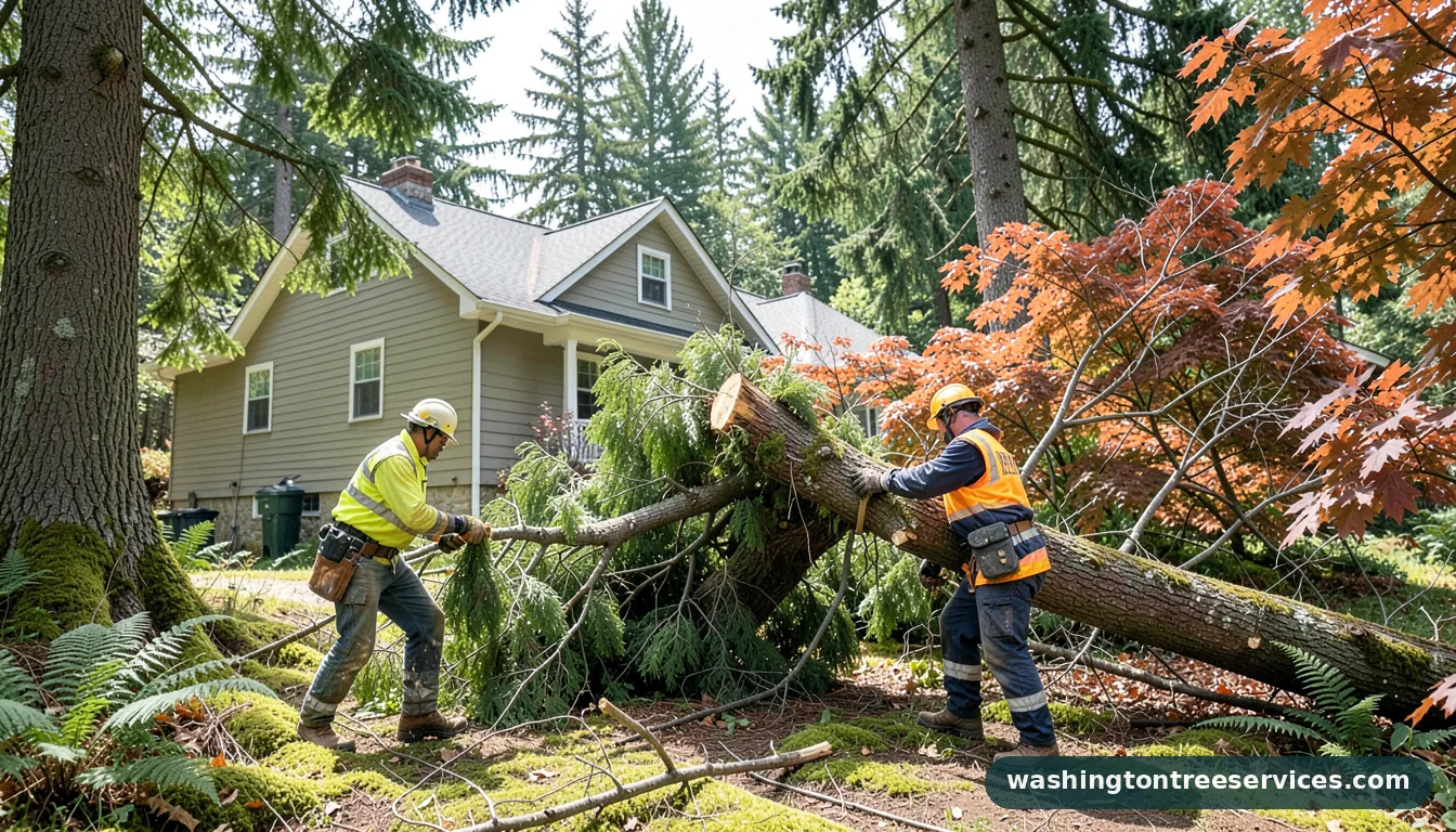 Certified arborists handling cut tree falls on house in Washington cut tree falls on house - certified arborists at work in Washington