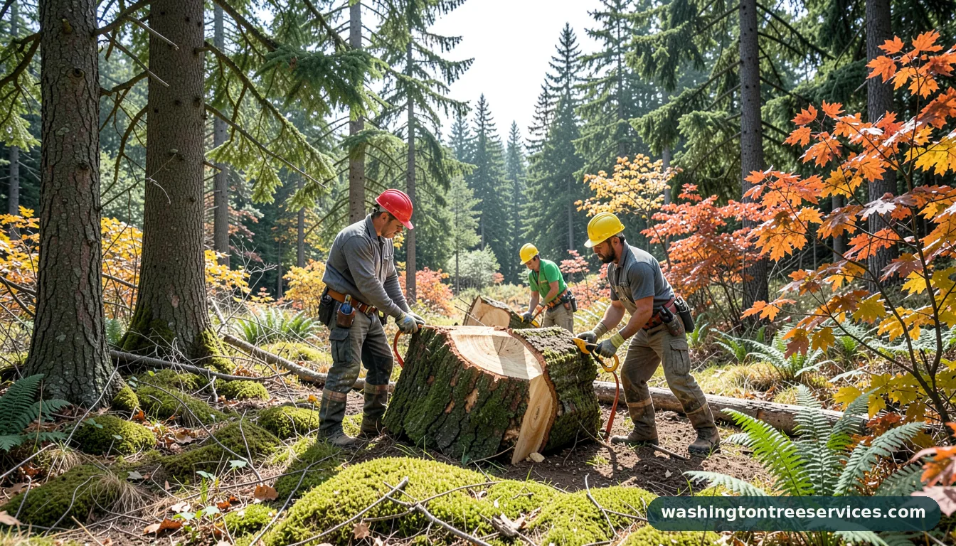 cut tree to ground level - tree service equipment and crew in Washington