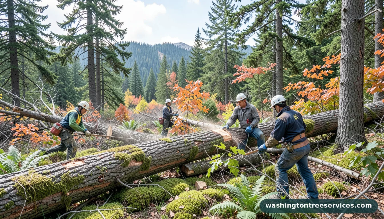 Certified arborists handling cutting a downed tree in Washington cutting a downed tree - certified arborists at work in Washington