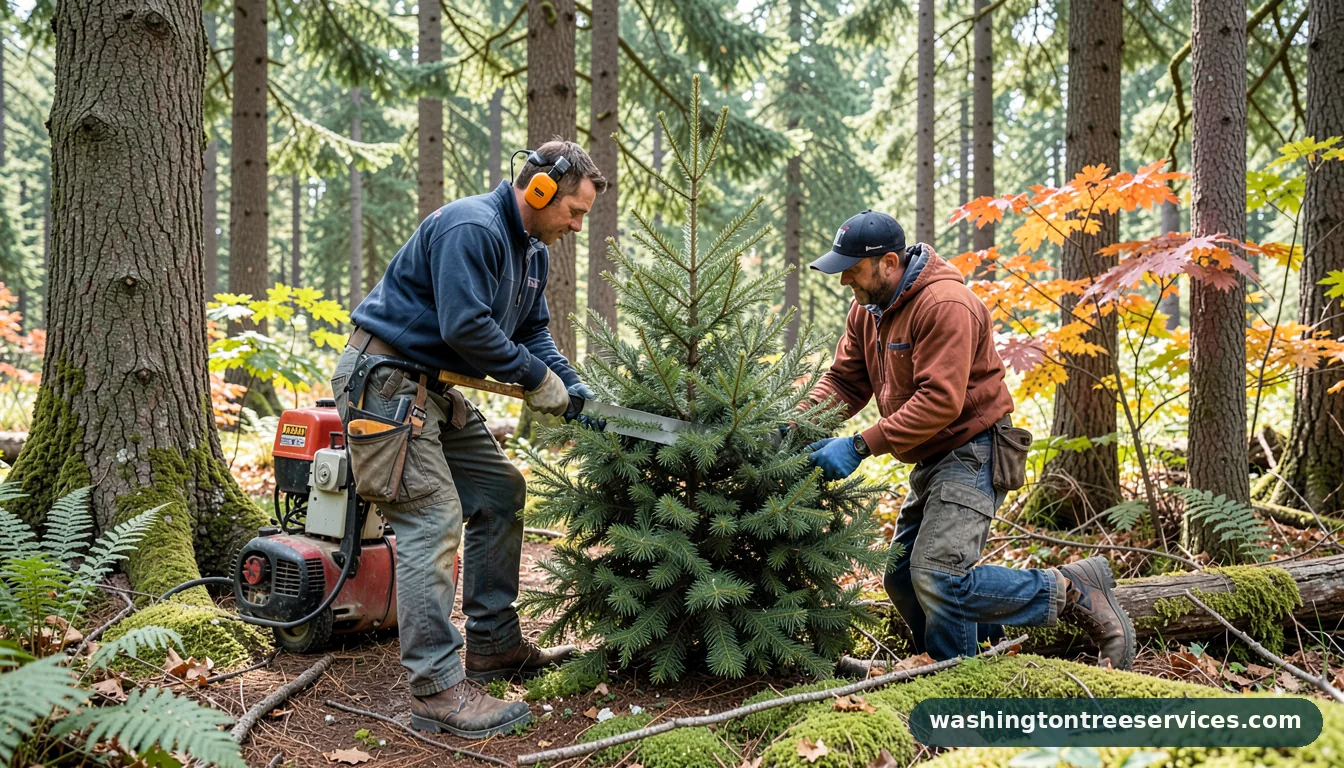 Certified arborists handling cutting christmas tree in Washington cutting christmas tree - certified arborists at work in Washington