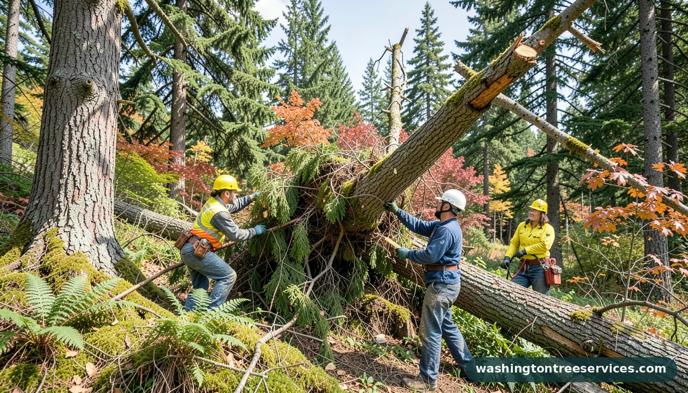 cutting down a hung up tree - certified arborists at work in Washington