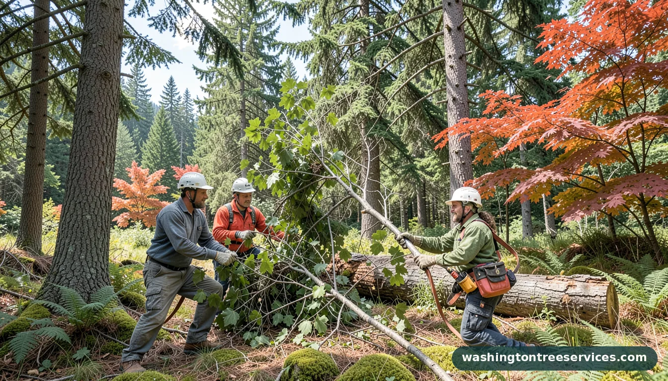 cutting down a hung up tree - tree service equipment and crew in Washington
