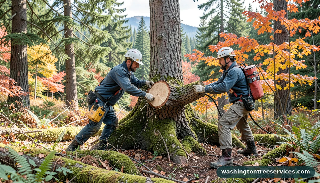 cutting down a large tree - certified arborists at work in Washington