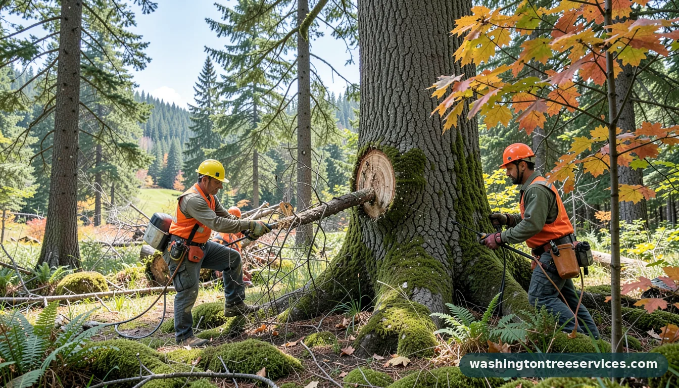 cutting down a large tree - tree service equipment and crew in Washington