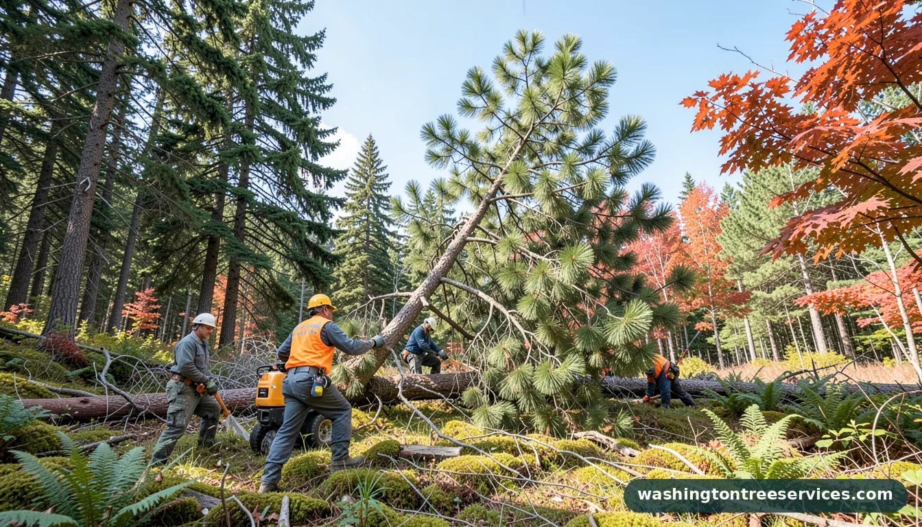 cutting down a leaning pine tree in Washington | Washington Tree Services cutting down a leaning pine tree - professional tree service in Washington