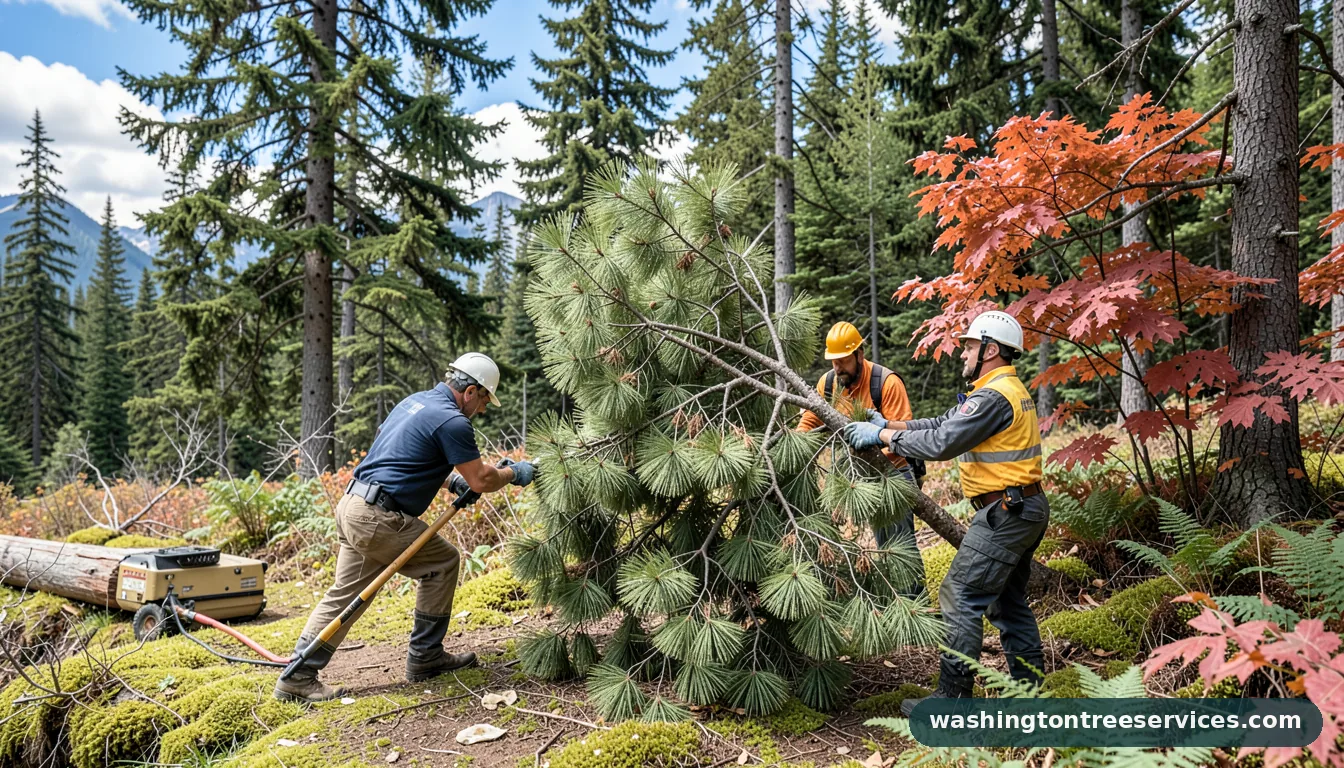 Certified arborists handling cutting down a leaning pine tree in Washington cutting down a leaning pine tree - certified arborists at work in Washington