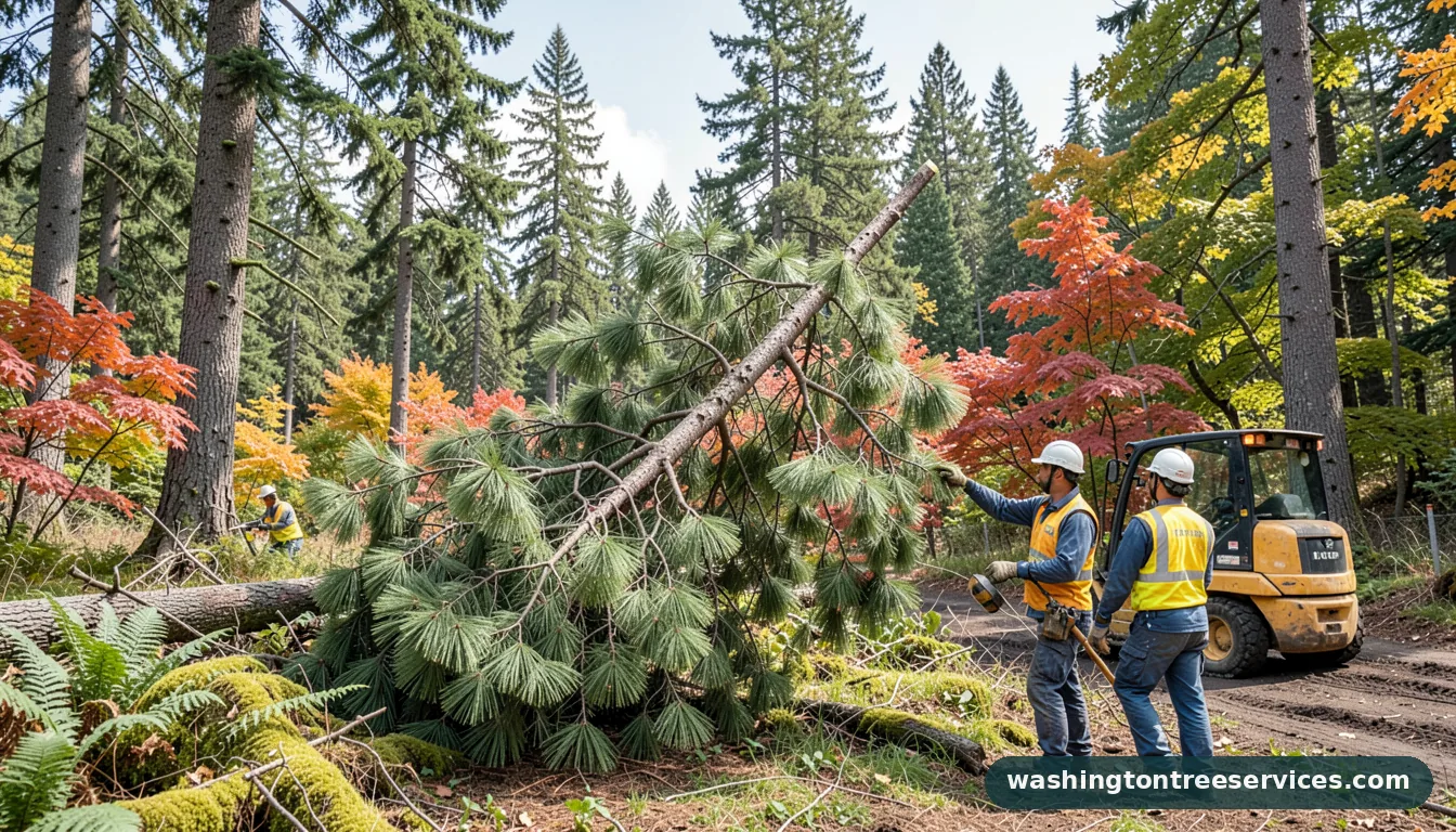 Professional equipment for cutting down a leaning pine tree in Washington cutting down a leaning pine tree - tree service equipment and crew in Washington