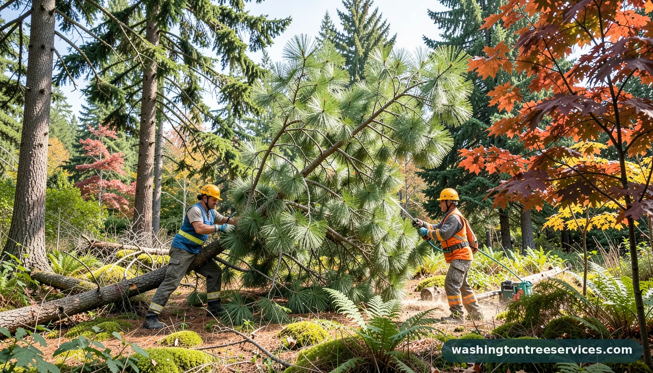 Completed cutting down a leaning pine tree project by Washington Tree Services cutting down a leaning pine tree - completed tree work by Washington Tree Services