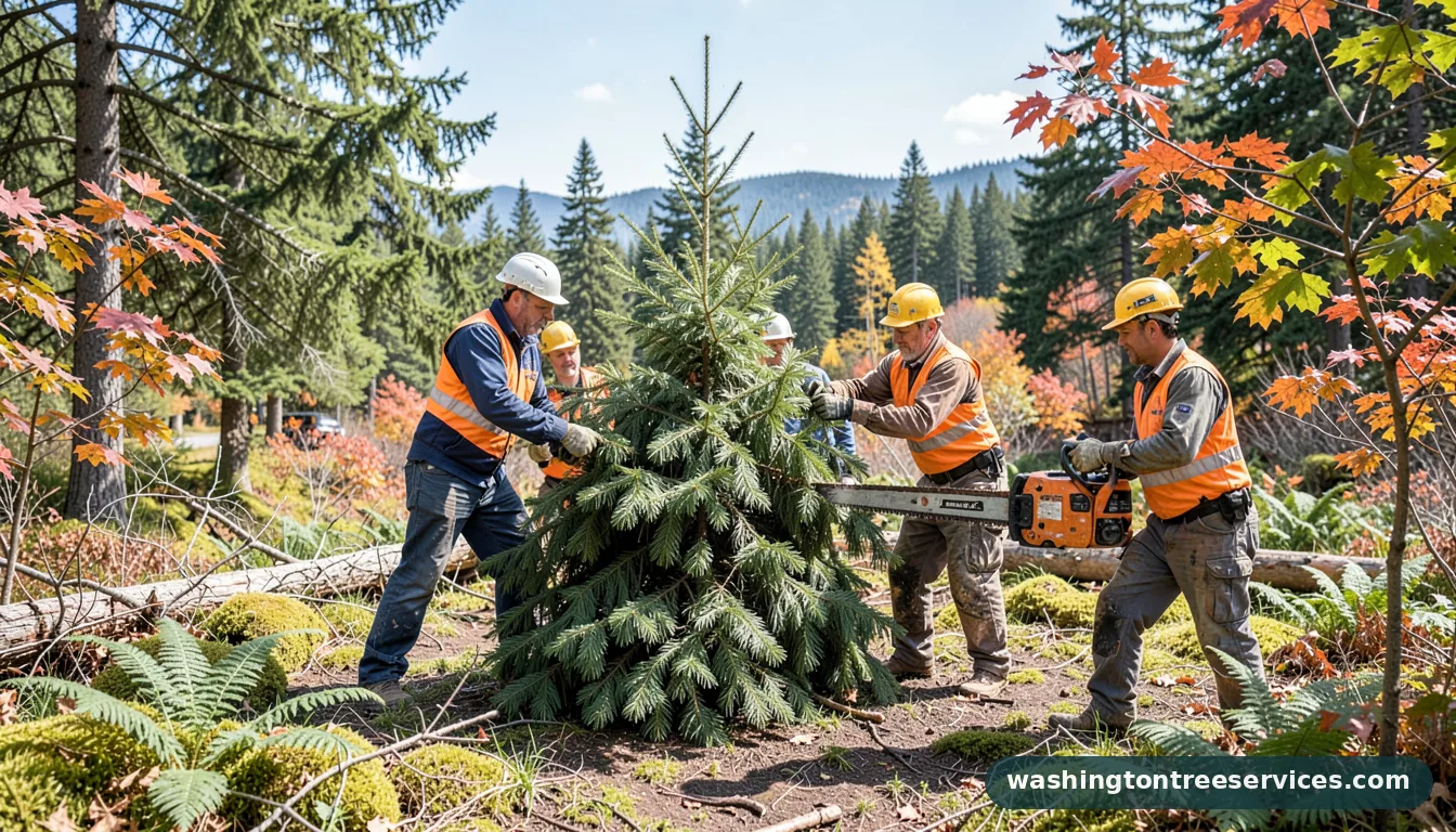 cutting down christmas tree - certified arborists at work in Washington