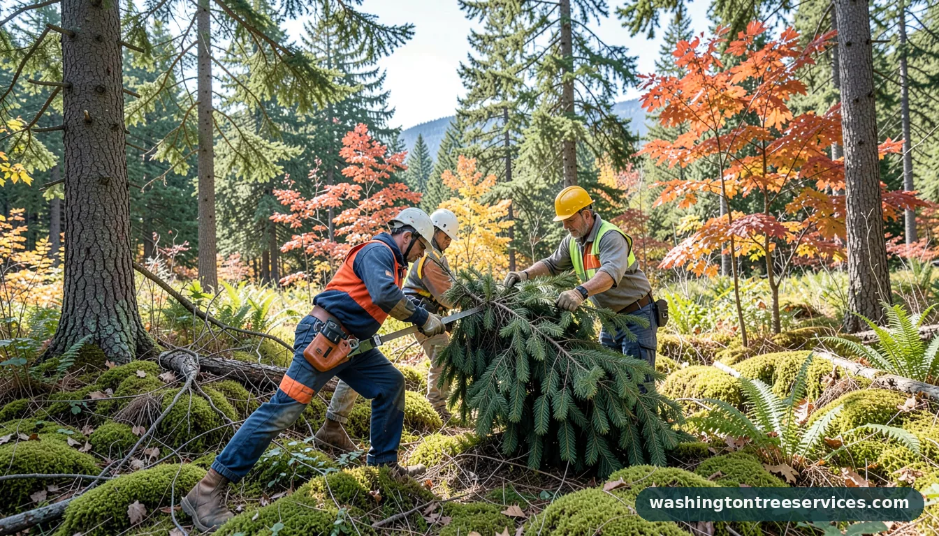 cutting down christmas tree - tree service equipment and crew in Washington