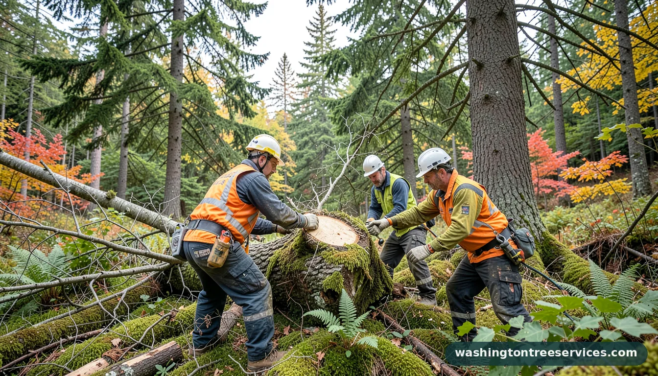 cutting down of tree - tree service equipment and crew in Washington