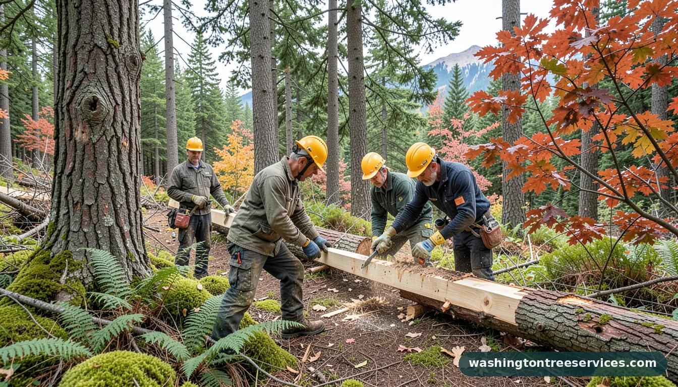Certified arborists handling cutting timber in Washington cutting timber - certified arborists at work in Washington