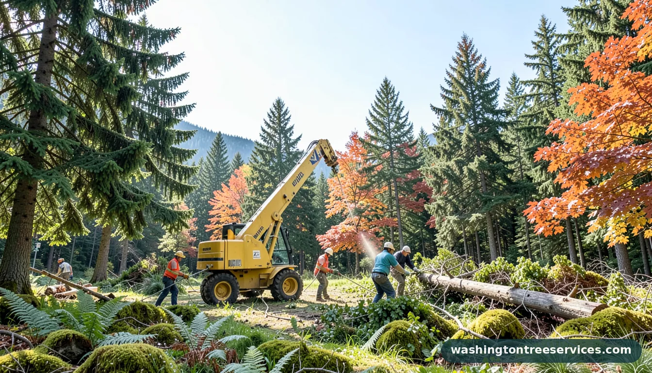 cutting trees with a boom lift in Washington | Washington Tree Services cutting trees with a boom lift - professional tree service in Washington