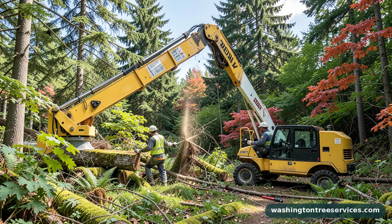 Certified arborists handling cutting trees with a boom lift in Washington cutting trees with a boom lift - certified arborists at work in Washington
