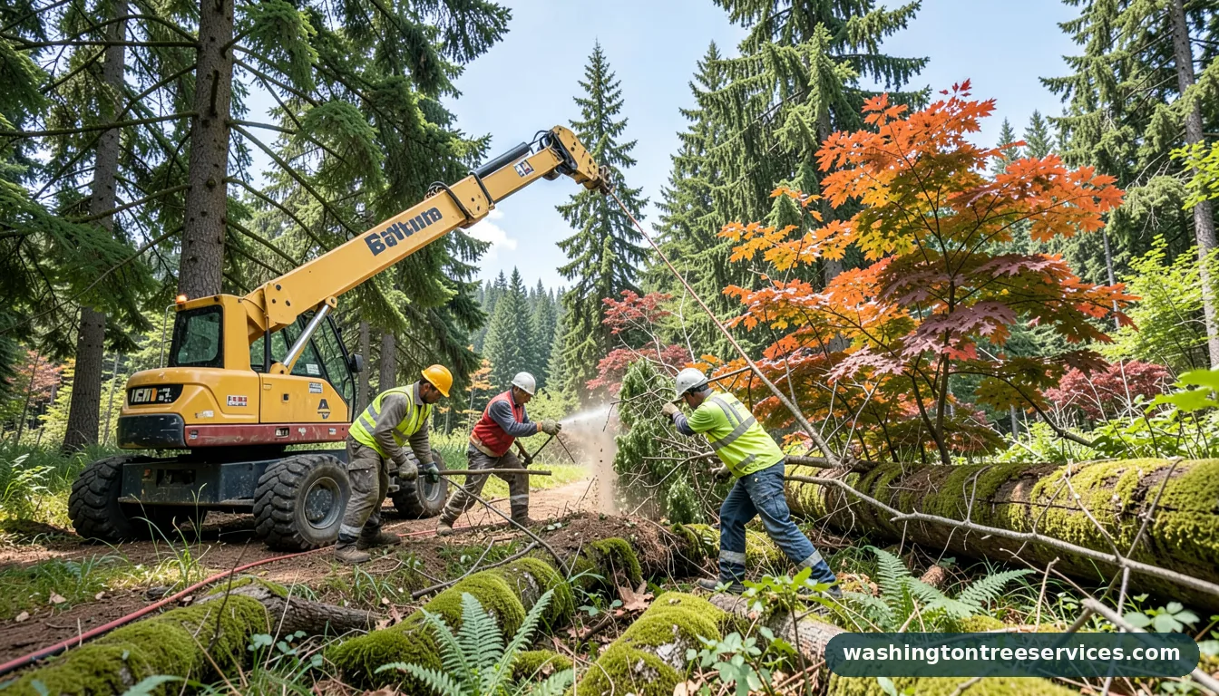 Professional equipment for cutting trees with a boom lift in Washington cutting trees with a boom lift - tree service equipment and crew in Washington