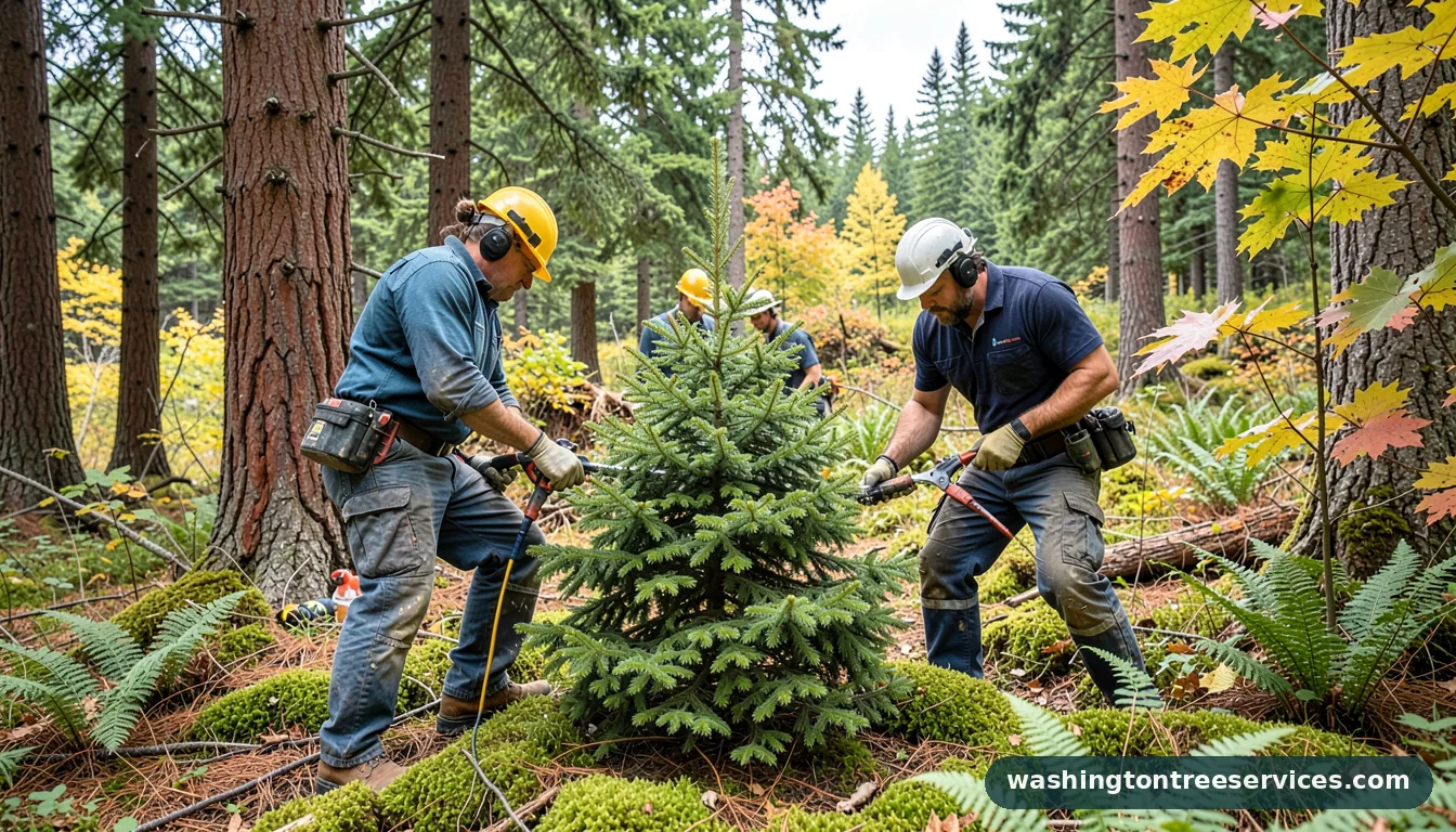 dwarf alberta spruce pruning - tree service equipment and crew in Washington