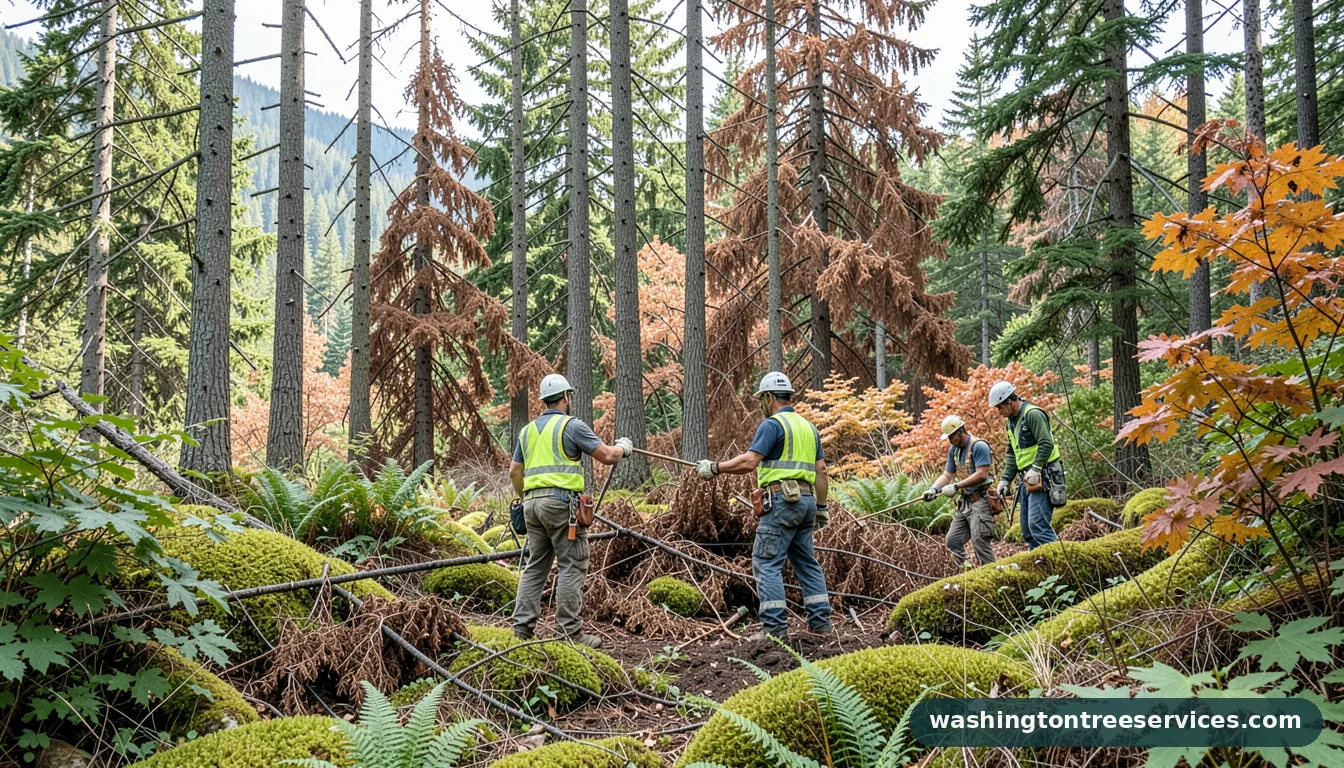 emerald green trees turning brown - tree service equipment and crew in Washington