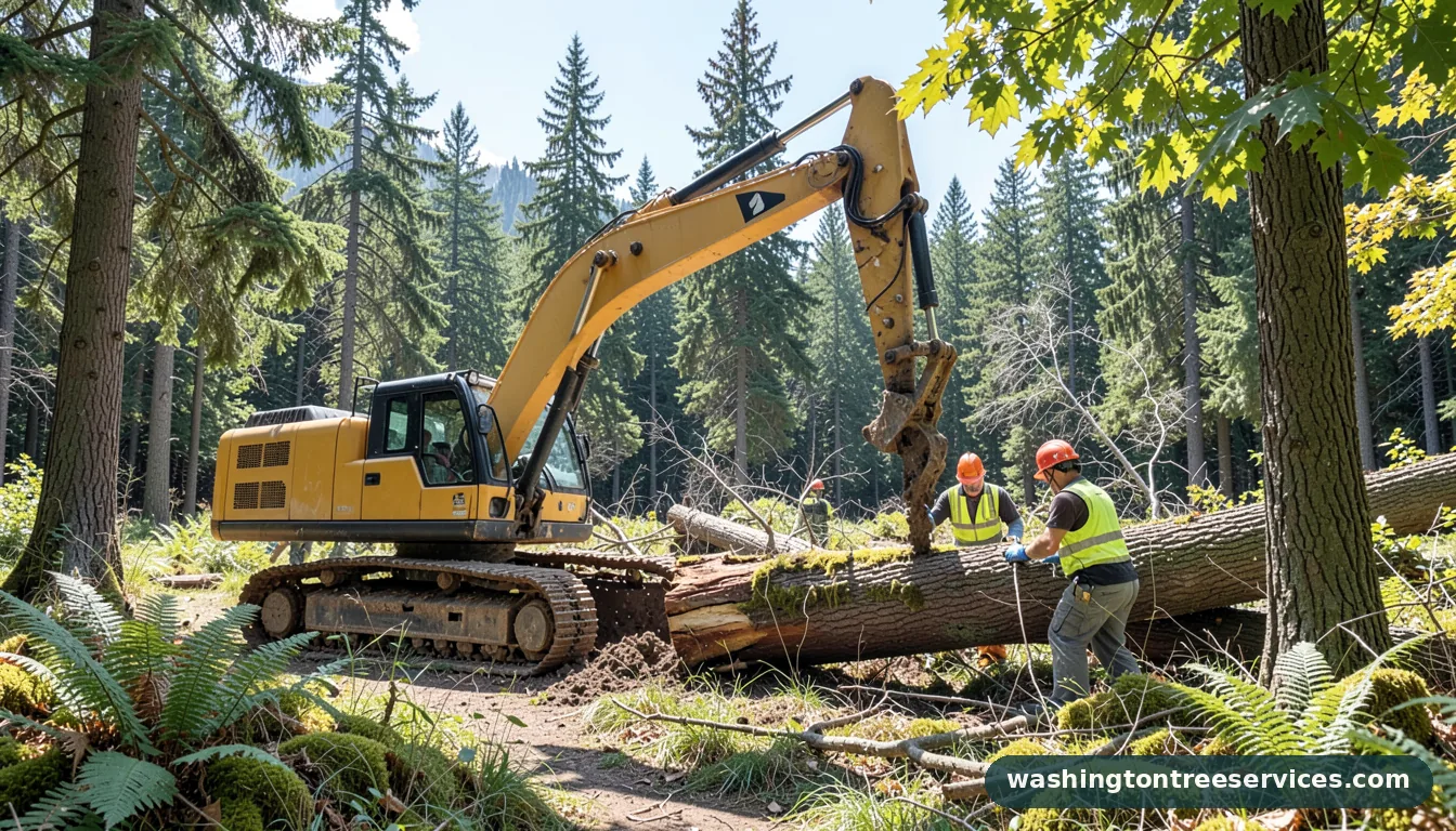 Certified arborists handling excavator tree removal in Washington excavator tree removal - certified arborists at work in Washington