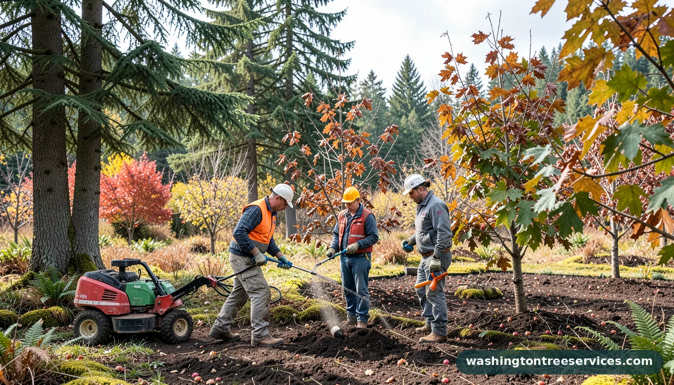 Certified arborists handling fertilize fruit trees in winter in Washington fertilize fruit trees in winter - certified arborists at work in Washington