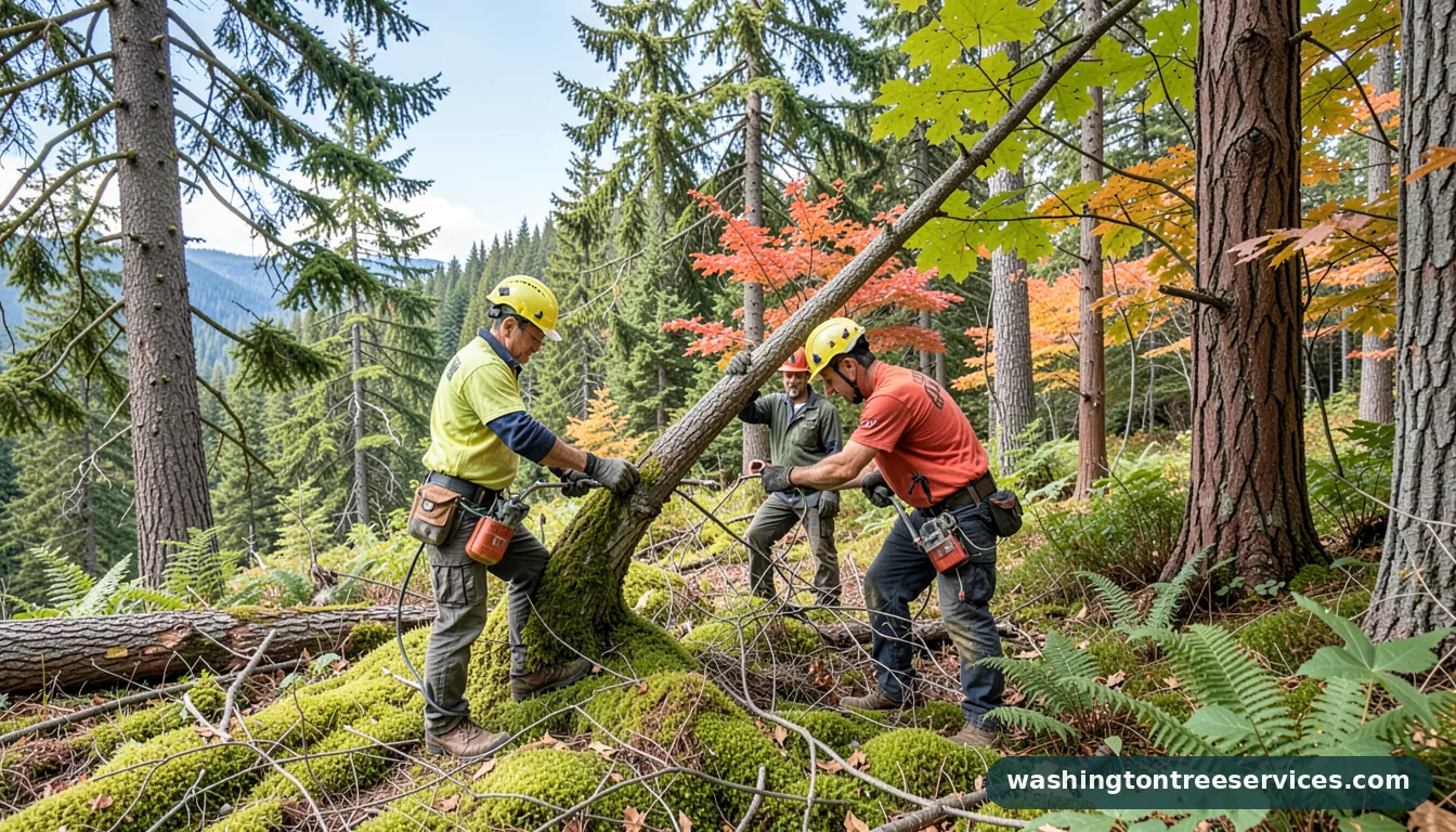 Certified arborists handling fix leaning tree in Washington fix leaning tree - certified arborists at work in Washington
